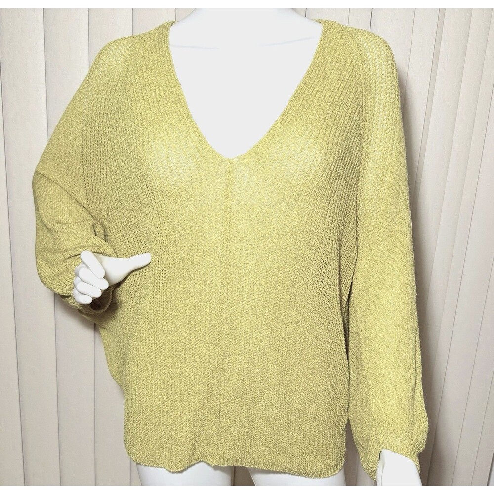 Mystree Sweater Womens Large Chartreuse Yellow Green V Neck Dolman Open Knit